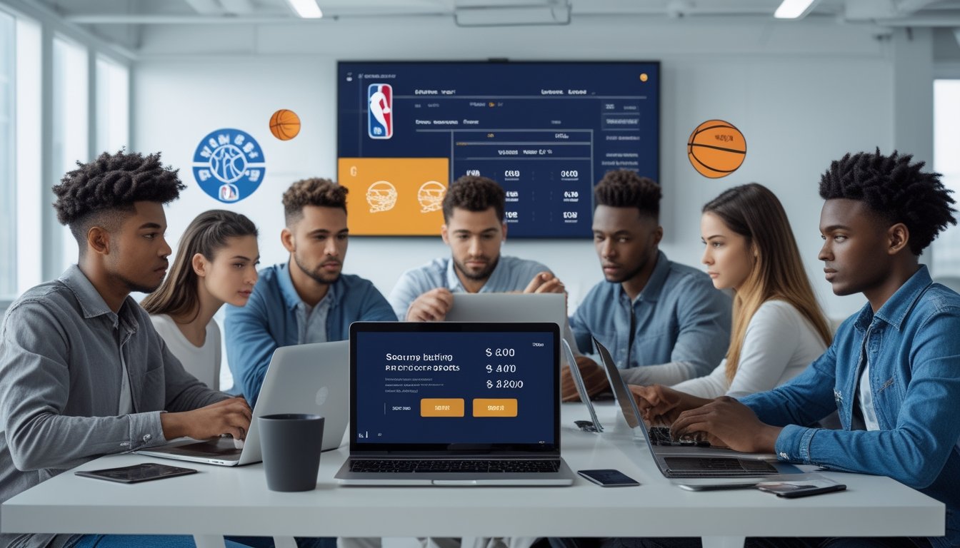 Sekelompok orang muda sedang menggunakan perangkat digital untuk melihat statistik dan taruhan NBA di ruang kantor yang terang dan modern.