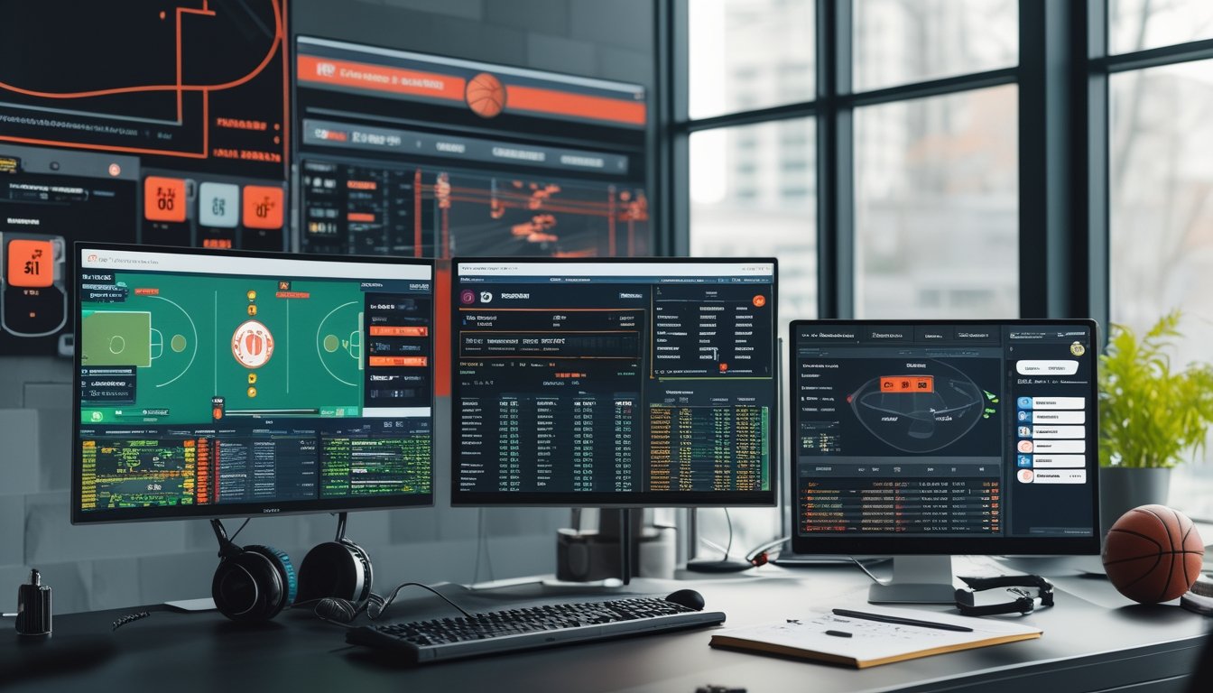 Seorang analis olahraga sedang bekerja di depan beberapa layar komputer yang menampilkan statistik dan grafik pertandingan NBA.