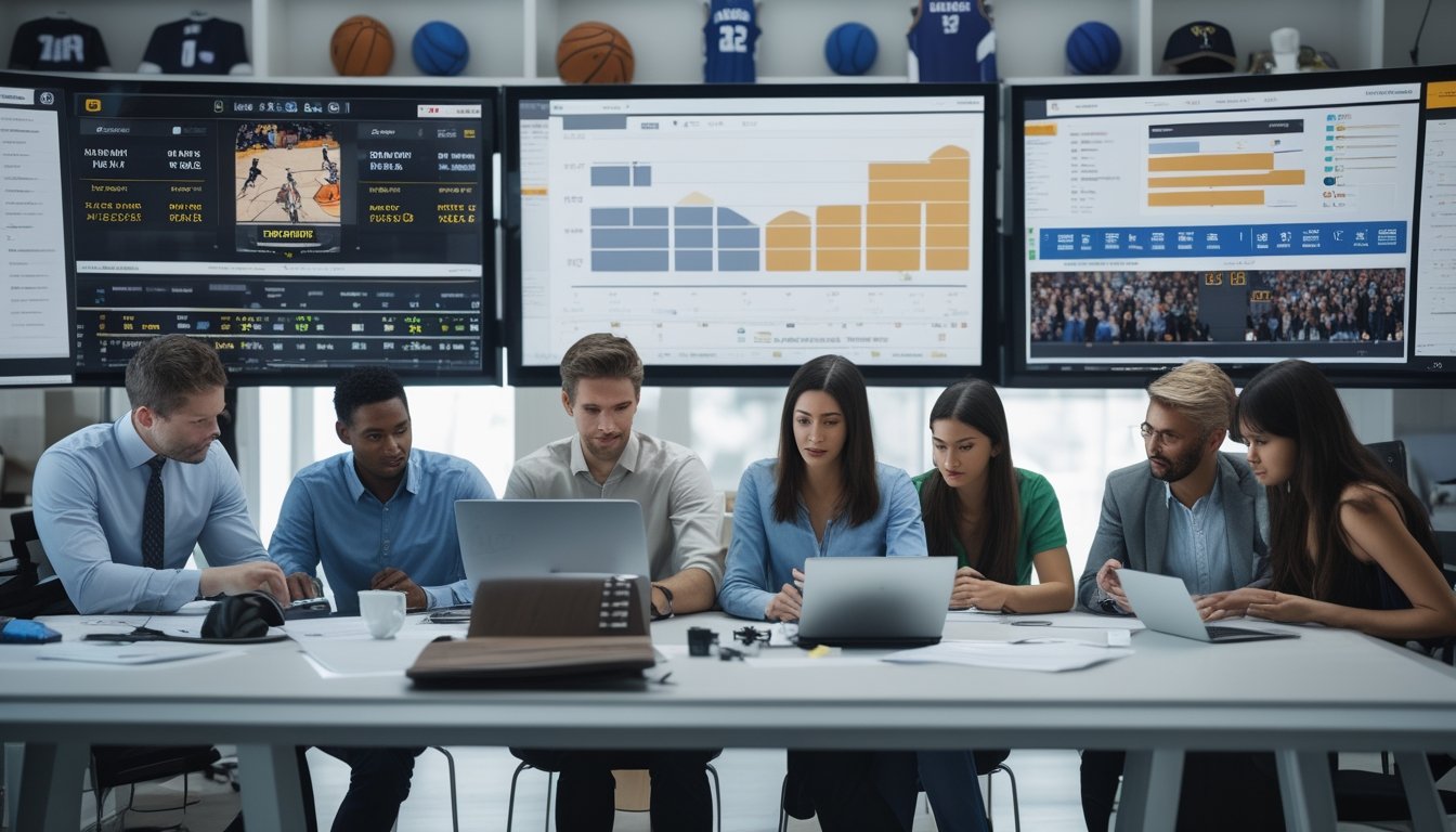 Beberapa analis olahraga sedang bekerja di meja dengan layar komputer menampilkan statistik dan rekaman pertandingan NBA.
