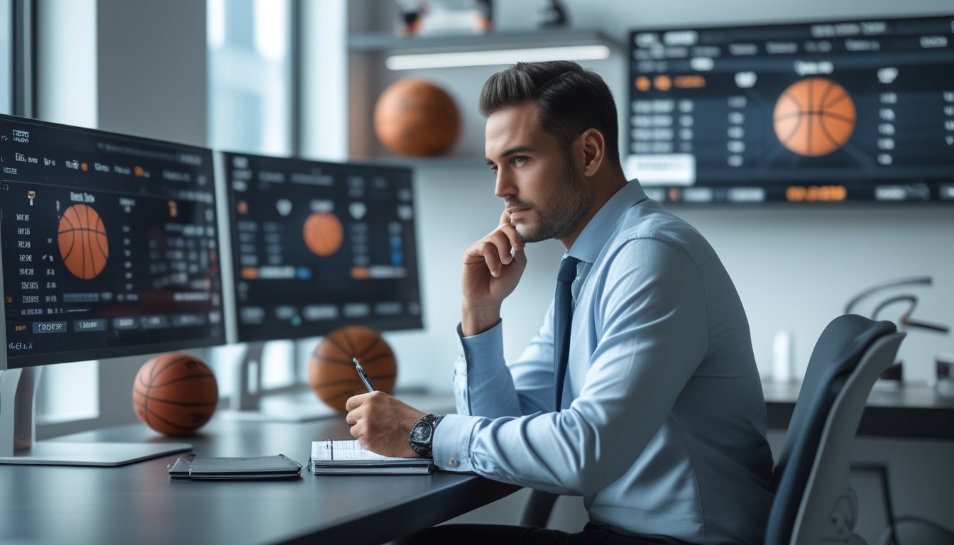 Seorang analis olahraga sedang meninjau data prediksi skor NBA dan rekomendasi taruhan di meja kerja dengan beberapa monitor dan perlengkapan kantor.