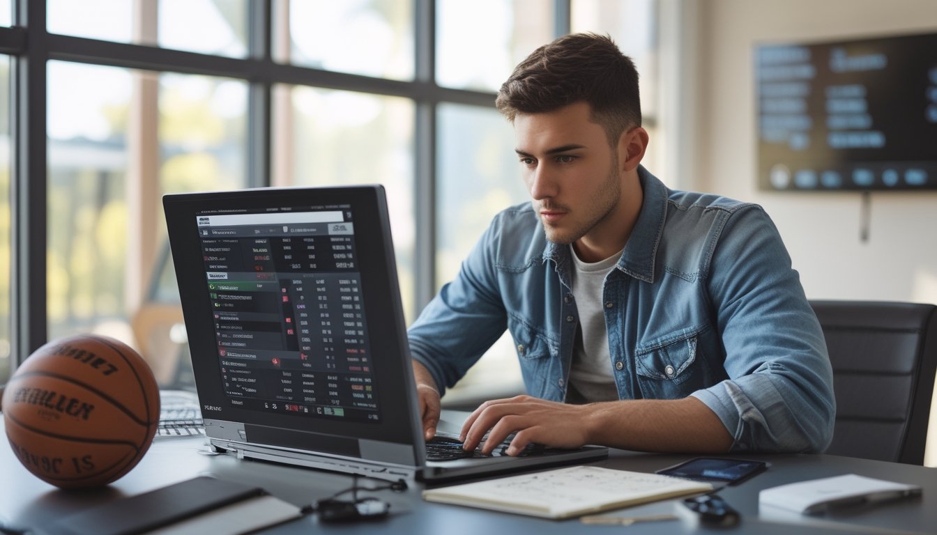 Seorang pria muda duduk di meja dengan laptop dan bola basket, fokus menganalisis statistik dan peluang taruhan NBA.