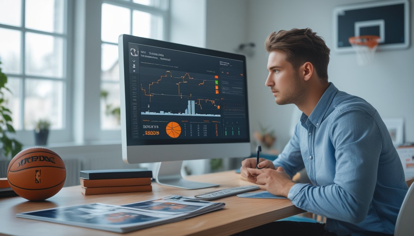 Seorang pria muda duduk di meja dengan komputer yang menampilkan statistik bola basket NBA, tampak fokus dan menganalisis data.