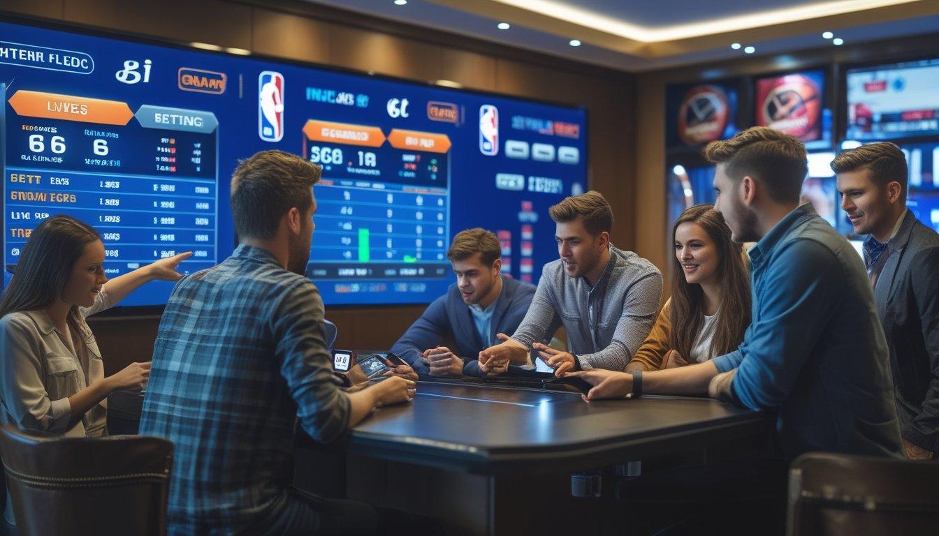 Sekelompok orang muda berkumpul di depan layar besar yang menampilkan statistik dan skor pertandingan NBA secara real-time, menggunakan perangkat digital untuk memasang taruhan.
