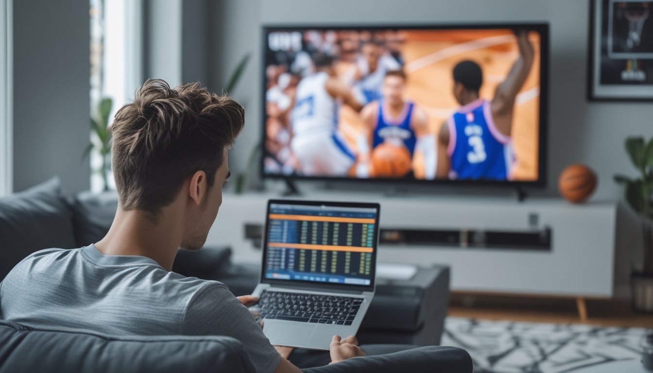 Seorang pria muda sedang menonton pertandingan NBA langsung di televisi sambil melihat data taruhan di laptop di ruang tamu.