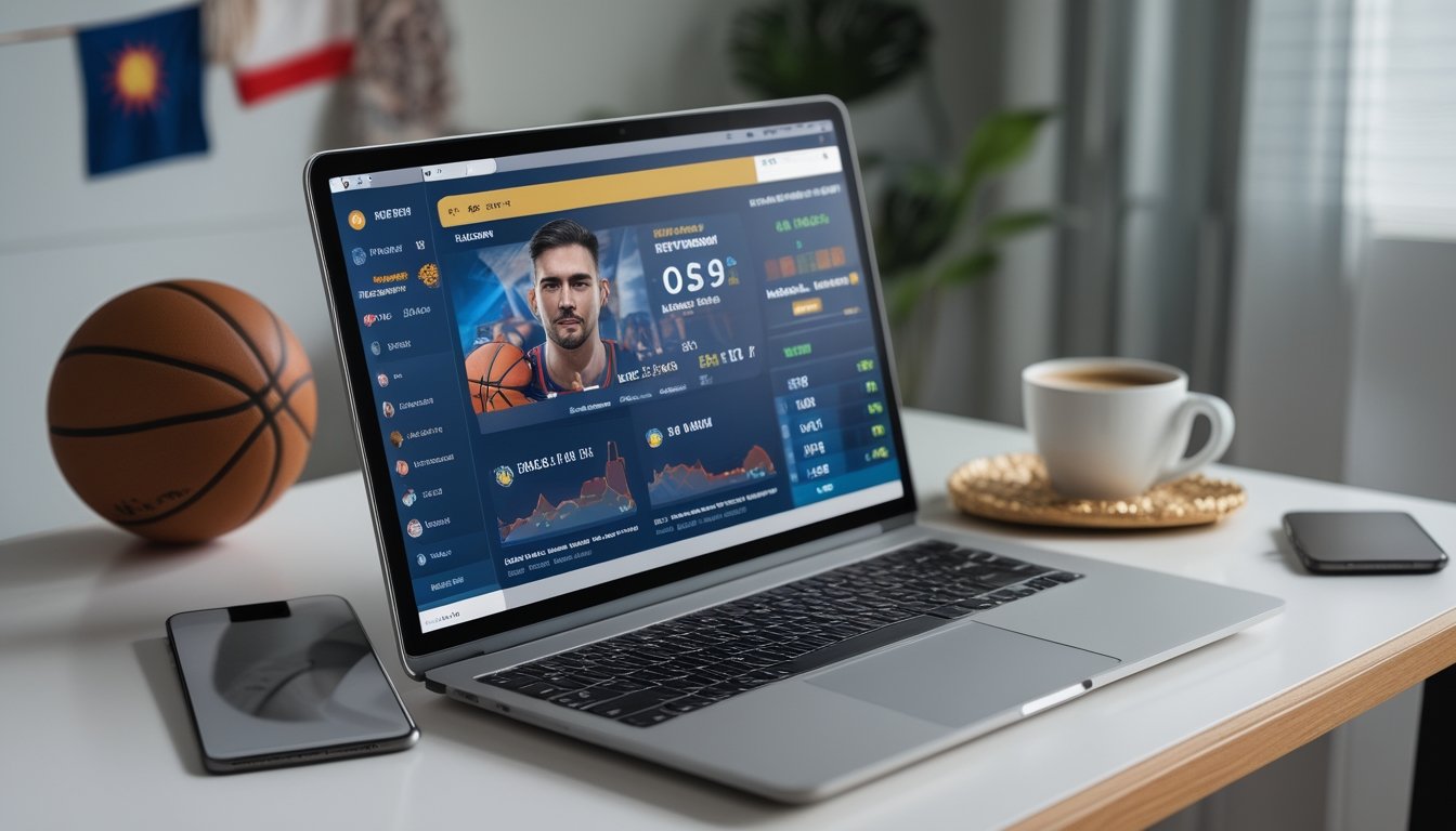 Seorang pria menggunakan laptop dengan tampilan situs taruhan NBA online, di meja terdapat bola basket dan ponsel, latar belakang menampilkan elemen budaya Indonesia.