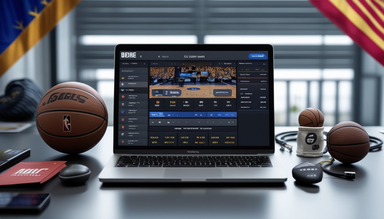 Seorang pria menggunakan laptop di meja kerja dengan tampilan situs taruhan NBA online, dikelilingi bola basket dan elemen olahraga lainnya.