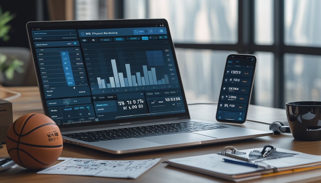 Meja kerja dengan laptop yang menampilkan statistik pemain NBA, smartphone dengan skor pertandingan, bola basket mini, dan catatan di atas meja.