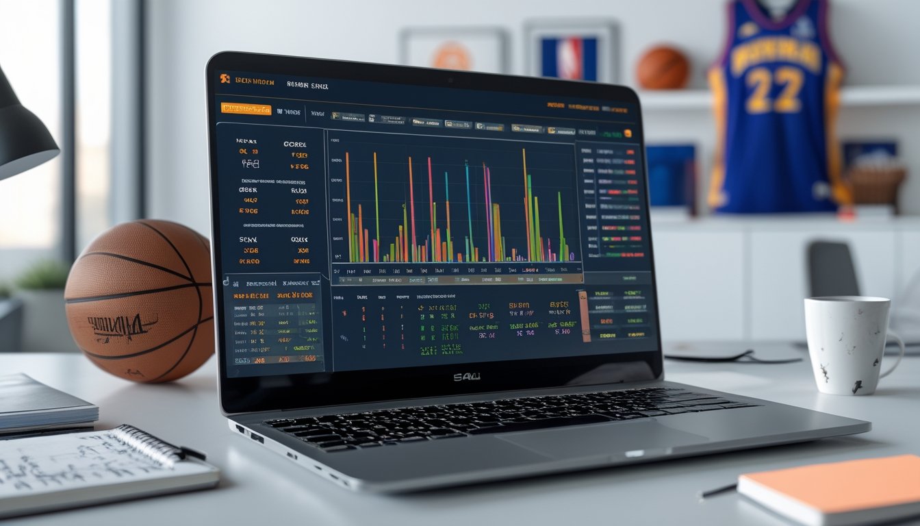 Meja kerja dengan laptop yang menampilkan statistik pemain NBA, bola basket, buku catatan, dan cangkir kopi di ruangan kantor yang terang.