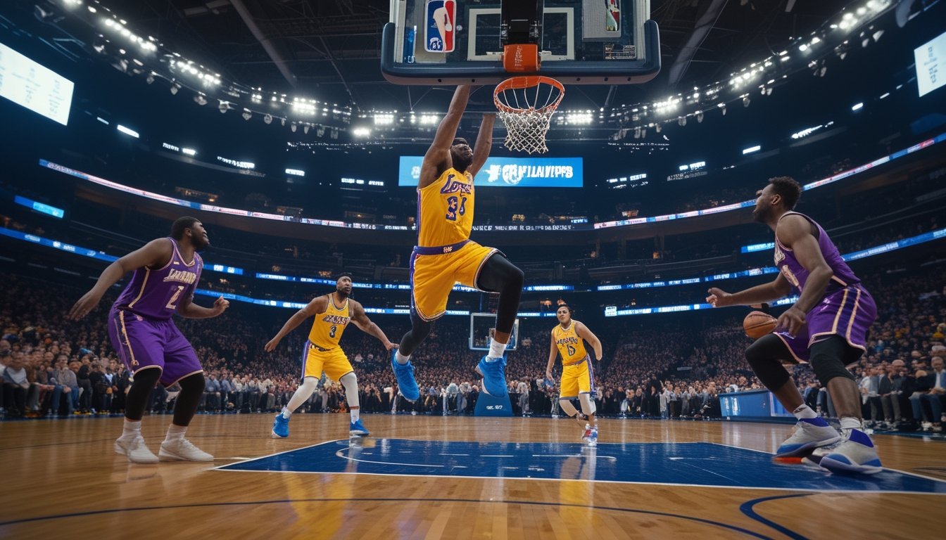 Seorang pemain basket melakukan slam dunk di arena yang penuh penonton dengan pemain lain bersiap bertahan.