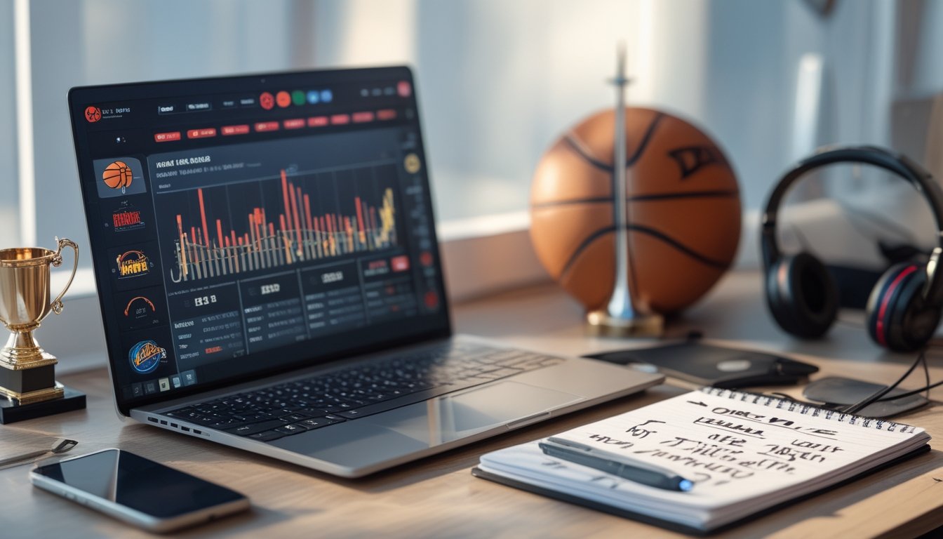 Meja kerja dengan laptop menampilkan statistik bola basket, ponsel yang menunjukkan pertandingan bola basket langsung, dan buku catatan dengan tips taruhan.