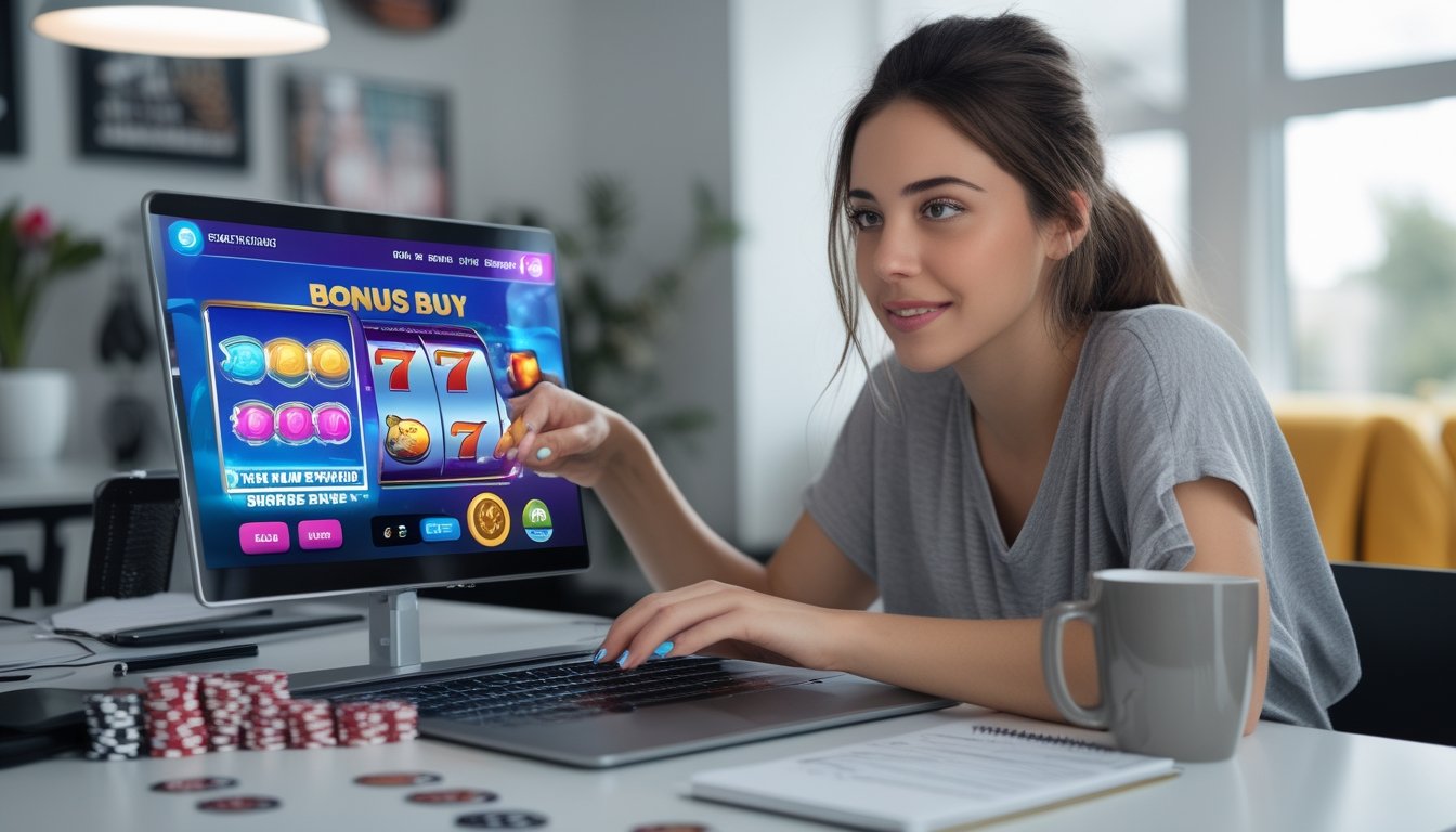 Seorang wanita muda duduk di meja dengan laptop yang menampilkan permainan slot online, tampak fokus dan bersemangat belajar bermain bonus buy slots.