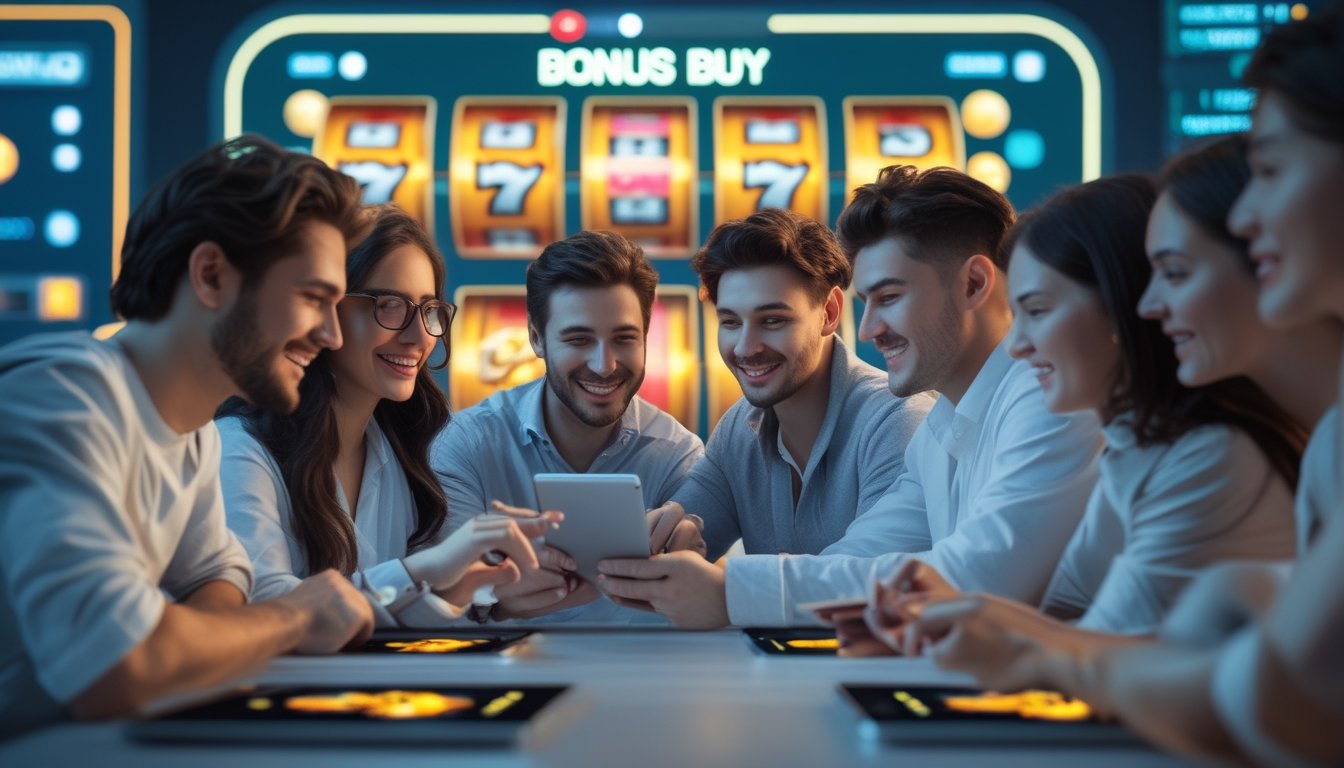 Beberapa orang muda bermain permainan slot online dengan perangkat digital di lingkungan yang cerah dan modern.