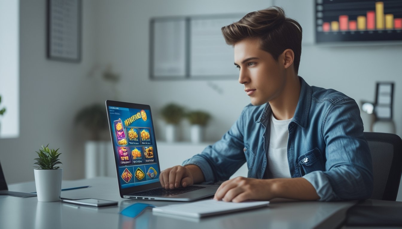 Seorang dewasa muda duduk di meja modern, fokus pada layar laptop yang menampilkan permainan slot online dengan simbol bonus, di ruang kerja rumah yang terang dan rapi.
