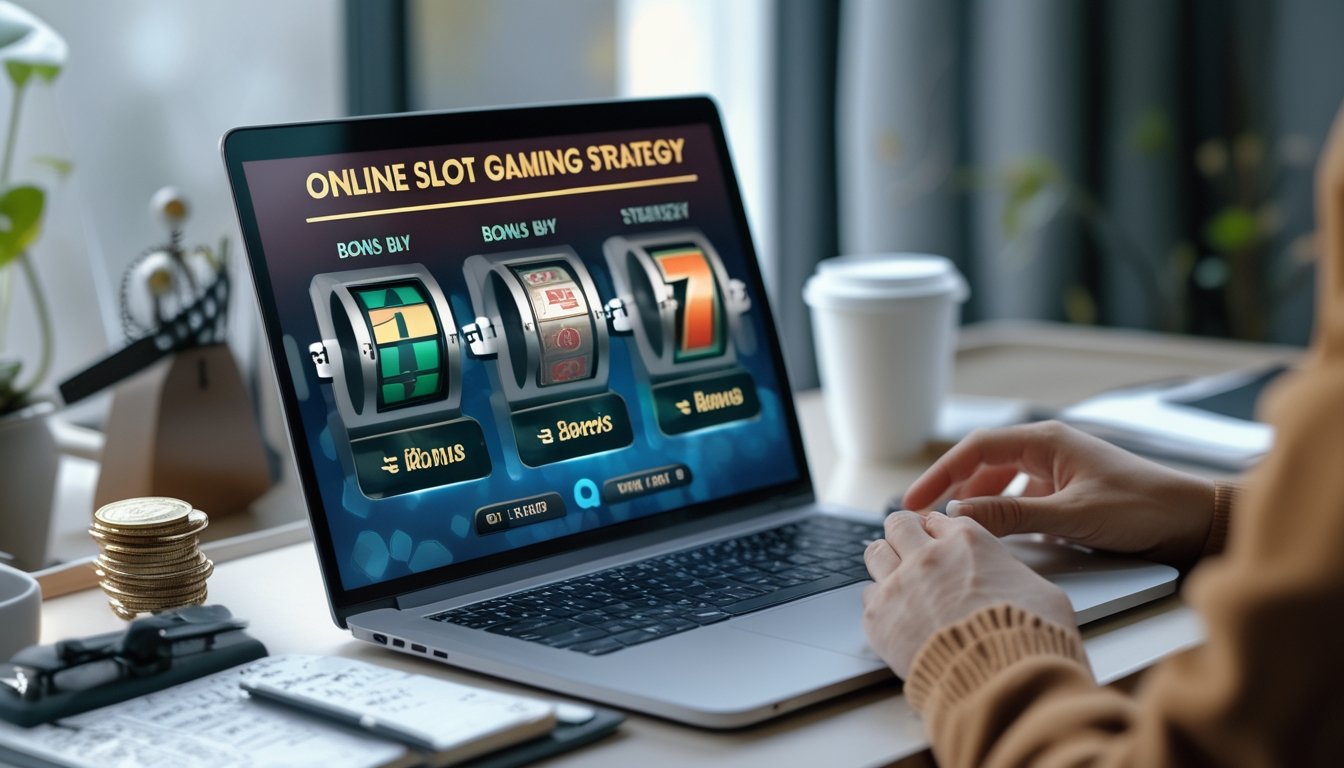 Seseorang menggunakan laptop dengan tampilan permainan slot online, memegang tumpukan koin kecil di meja kerja yang rapi.