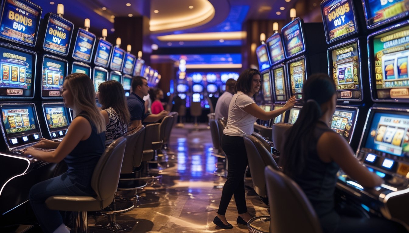Orang-orang bermain mesin slot di kasino modern dengan suasana yang terang dan mewah.