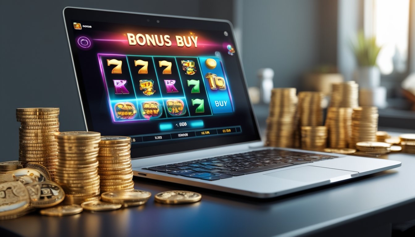 Tampilan layar komputer dengan permainan slot online yang menampilkan fitur bonus buy, dikelilingi oleh koin emas dan tumpukan uang di atas meja.