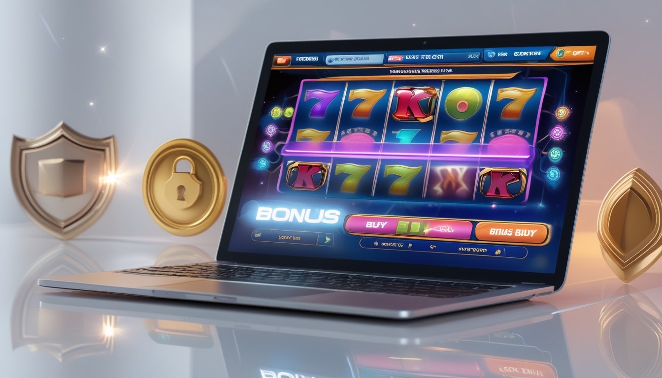 Seorang pengguna sedang melihat layar komputer yang menampilkan permainan slot online dengan tombol fitur bonus buy, dikelilingi oleh simbol keamanan seperti gembok dan medali emas.