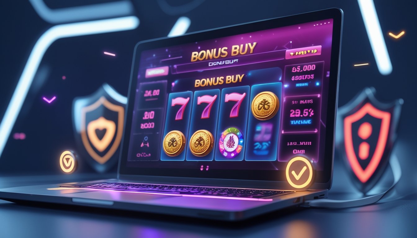 Seorang pengguna sedang melihat layar komputer yang menampilkan permainan slot online dengan fitur bonus buy, dikelilingi oleh simbol keamanan seperti gembok dan tanda centang.