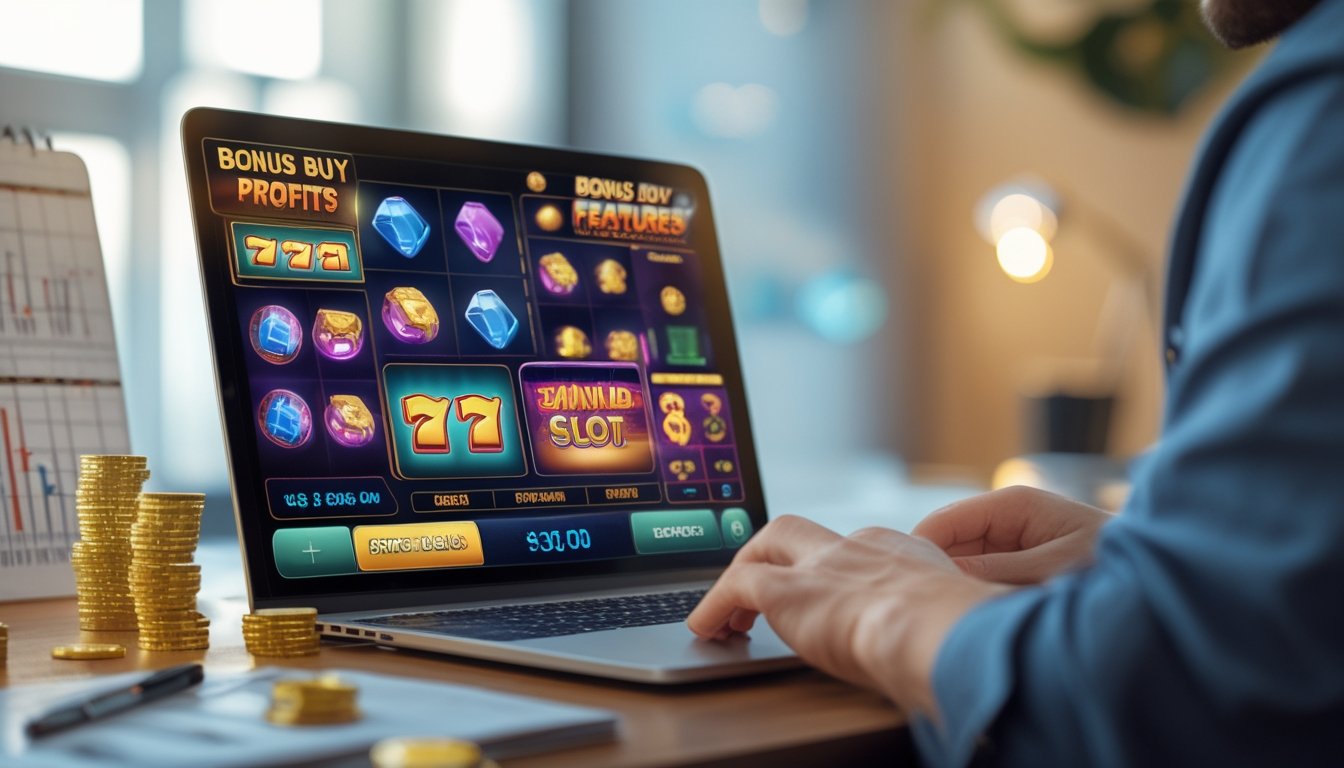 Seorang pria duduk di depan laptop yang menampilkan permainan slot online dengan fitur bonus buy, di meja terdapat koin dan catatan strategi.
