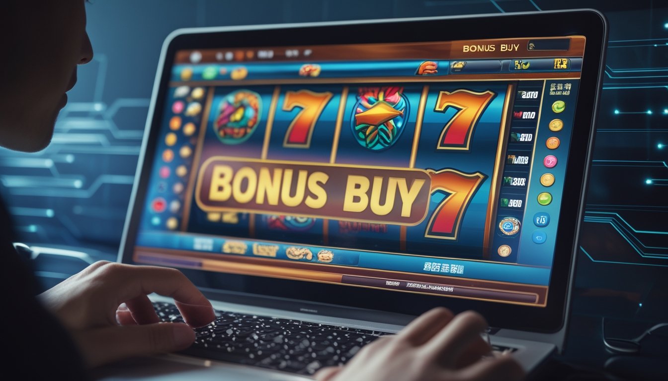 Tangan seseorang sedang mengoperasikan komputer dengan layar menampilkan permainan slot online dan tombol bonus buy yang disorot.