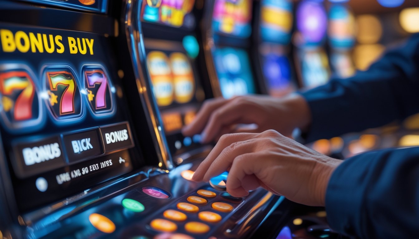 Tangan seseorang sedang bermain mesin slot dengan layar berwarna cerah dan tombol bonus di kasino.