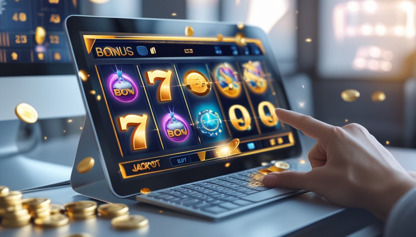Tangan seseorang sedang menyentuh layar perangkat yang menampilkan mesin slot digital dengan koin emas dan simbol jackpot.