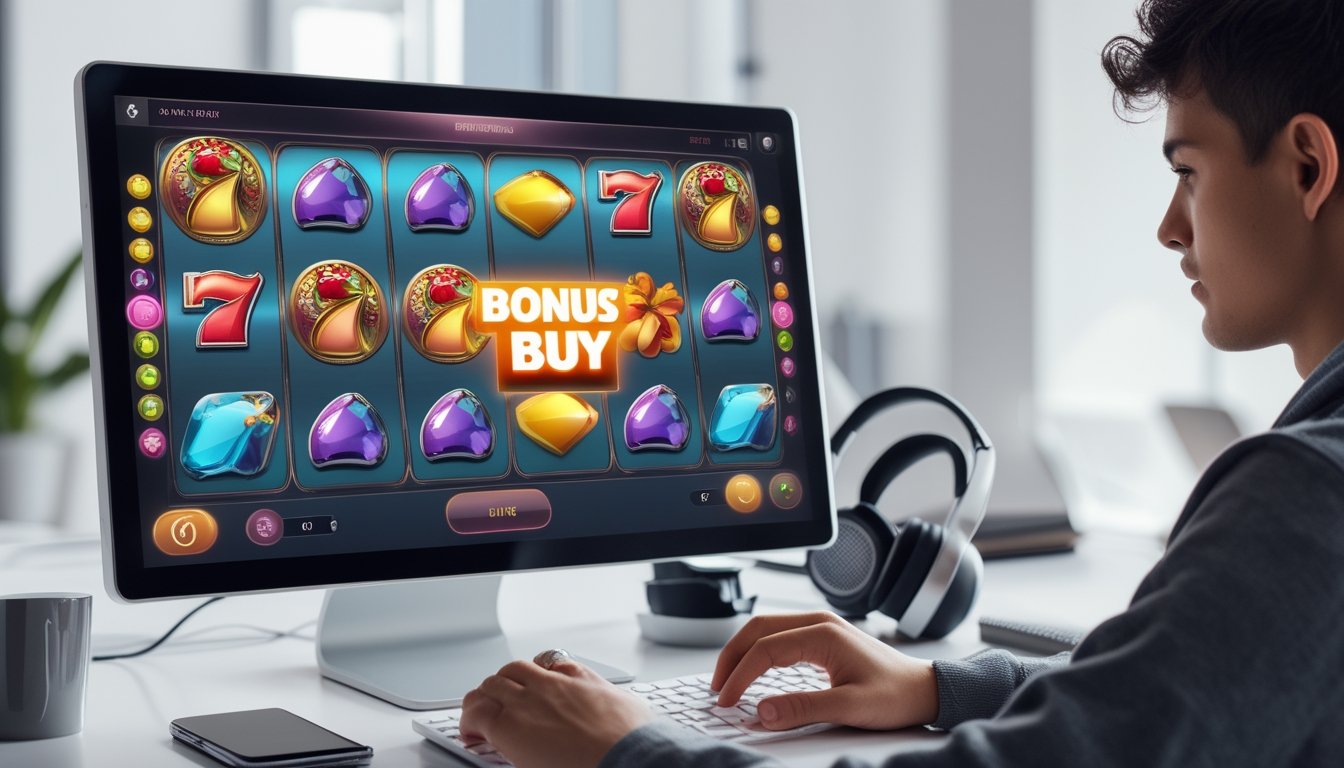 Seorang pemain muda sedang menggunakan komputer dengan tampilan permainan slot online yang menampilkan fitur bonus buy, di ruang kerja yang rapi dan terang.