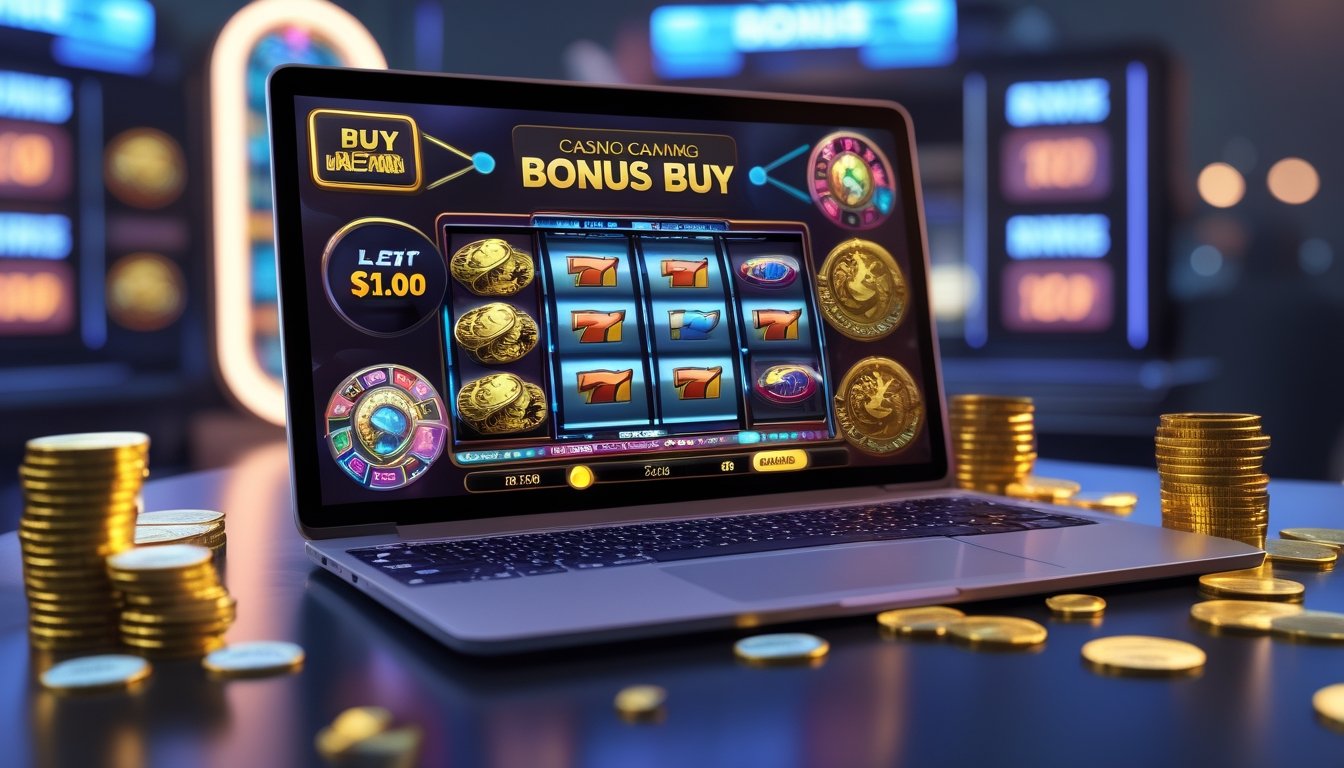 Tampilan komputer dengan permainan slot online berwarna-warni dan ikon bonus, dikelilingi koin digital dan chip kasino.
