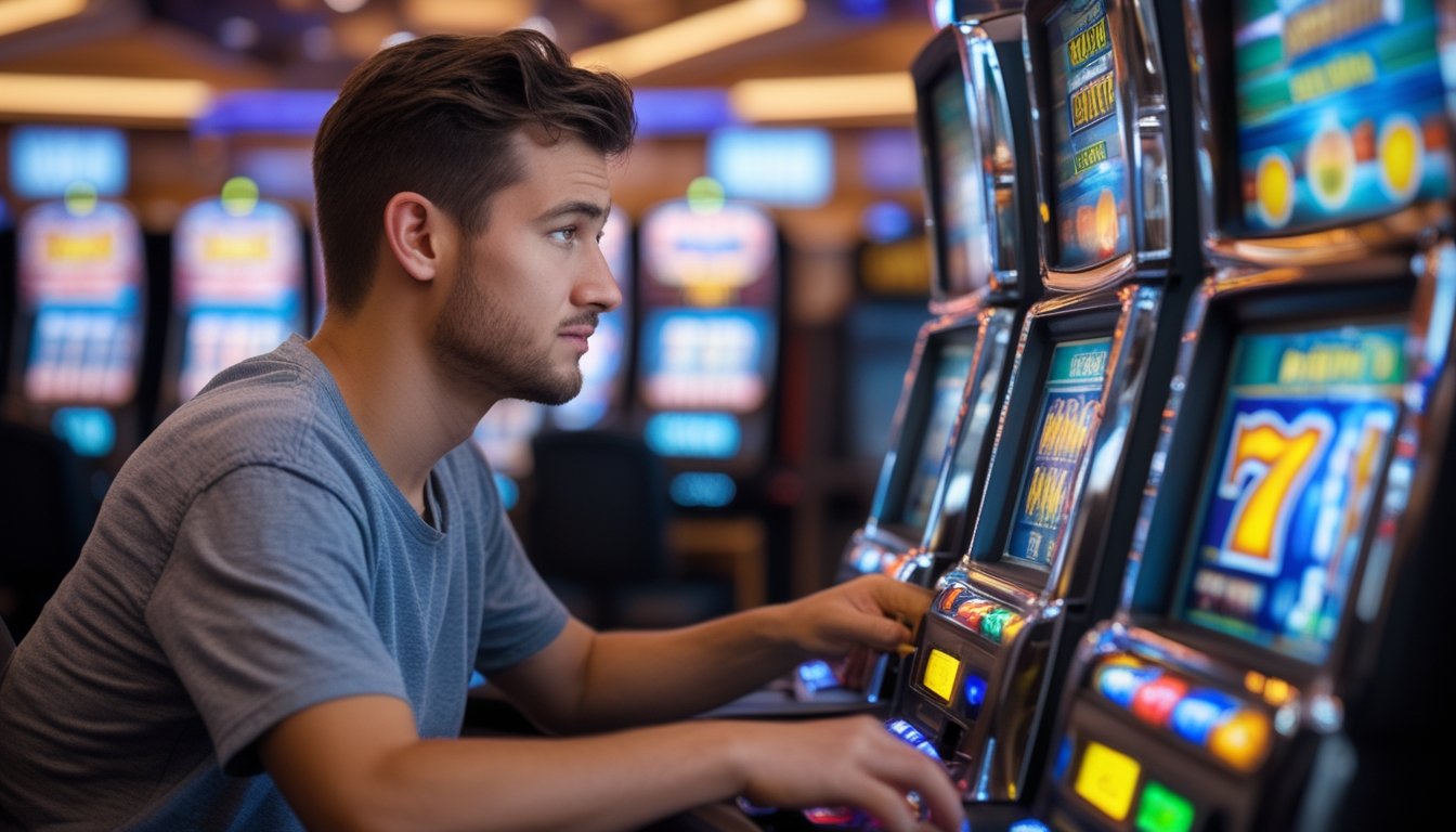 Seorang pria muda duduk di depan mesin slot di kasino dengan ekspresi fokus dan sedikit khawatir saat bermain.