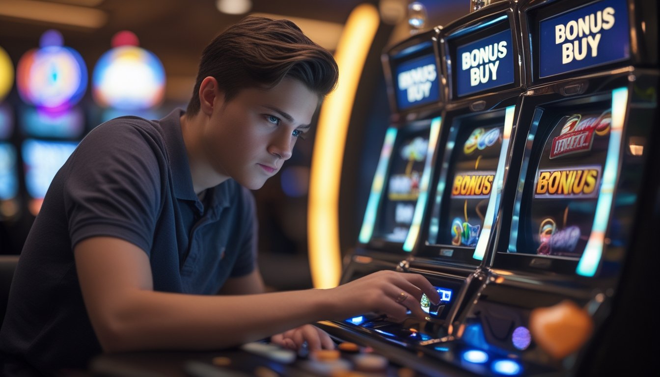 Seorang pemain muda sedang fokus bermain mesin slot dengan fitur bonus buy di kasino yang terang dan modern.