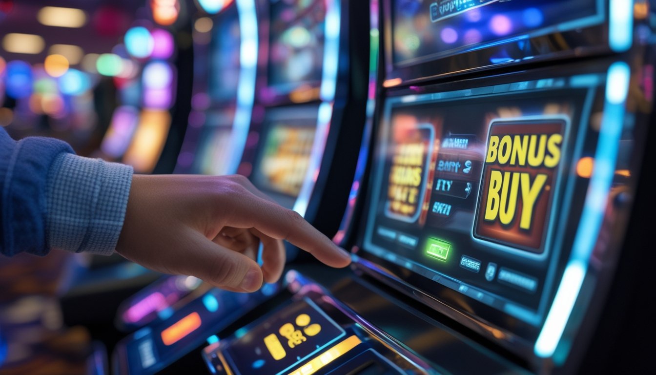 Tangan seseorang sedang menekan tombol Bonus Buy pada mesin slot digital di lingkungan kasino yang terang dan berwarna-warni.