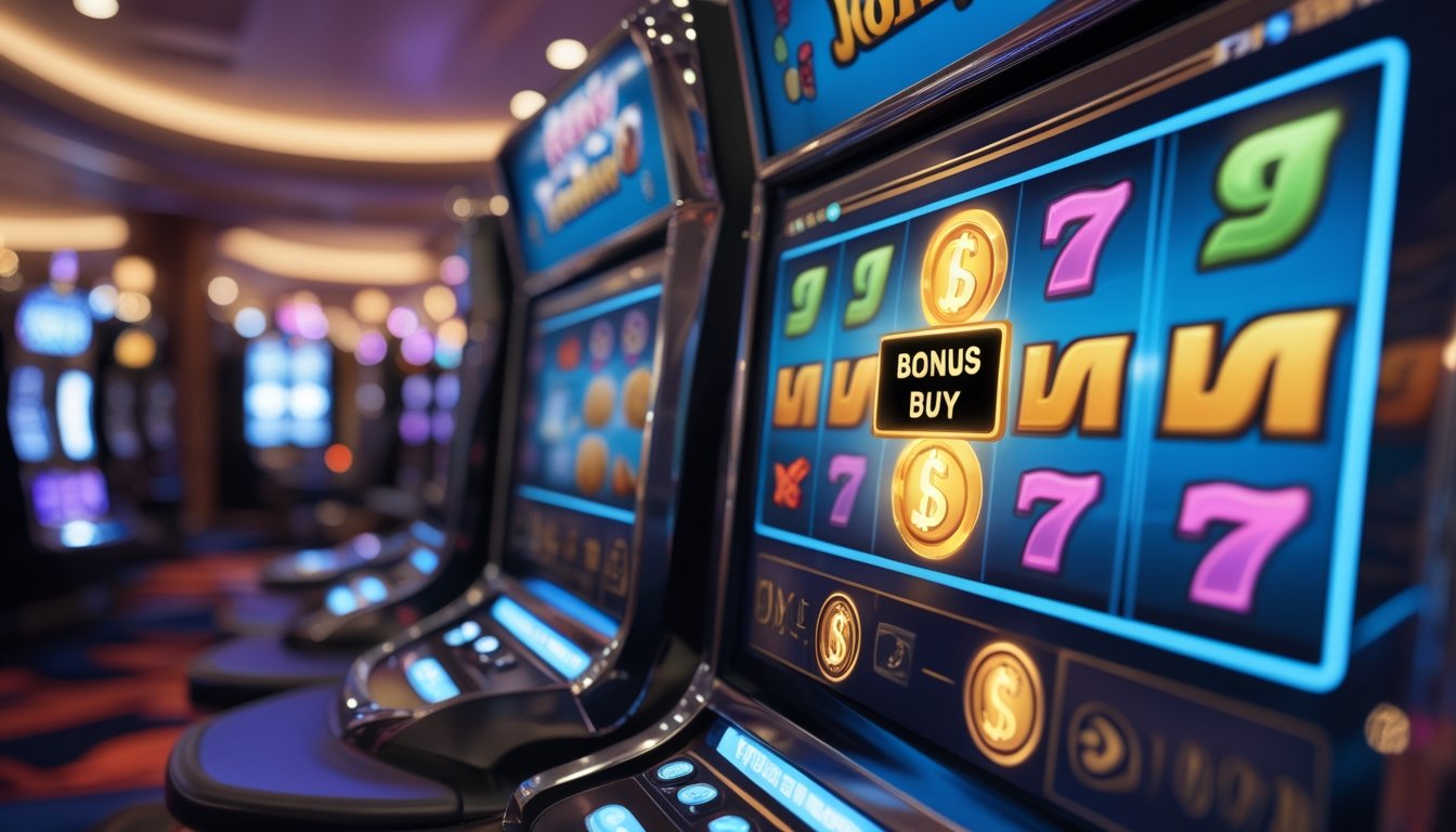 Gambar mesin slot modern dengan tombol Bonus Buy yang menyala, dikelilingi ikon koin dan jackpot di latar kasino yang terang.