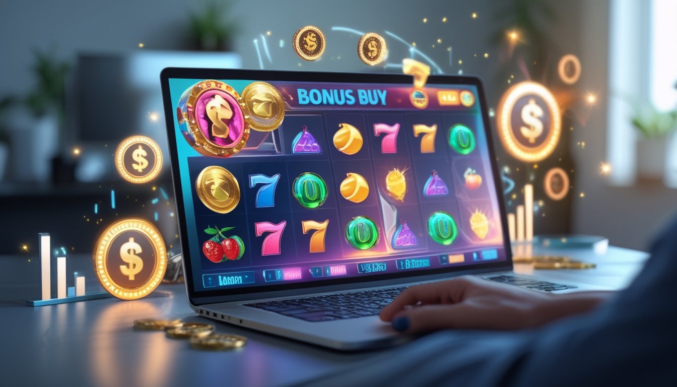 Layar komputer menampilkan permainan slot online dengan simbol buah, koin emas, dan grafik yang menunjukkan kemenangan dan bonus.