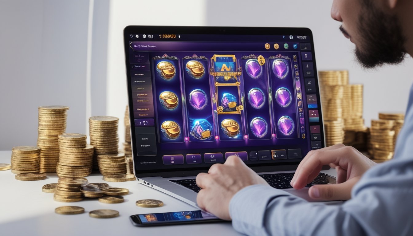 Seseorang menggunakan laptop yang menampilkan permainan slot online dengan simbol warna-warni dan ikon RTP, dikelilingi oleh tumpukan koin dan chip poker.
