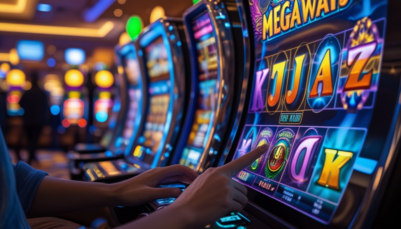 Orang sedang menggunakan mesin slot Megaways di kasino dengan latar belakang mesin slot lain dan pencahayaan hangat.