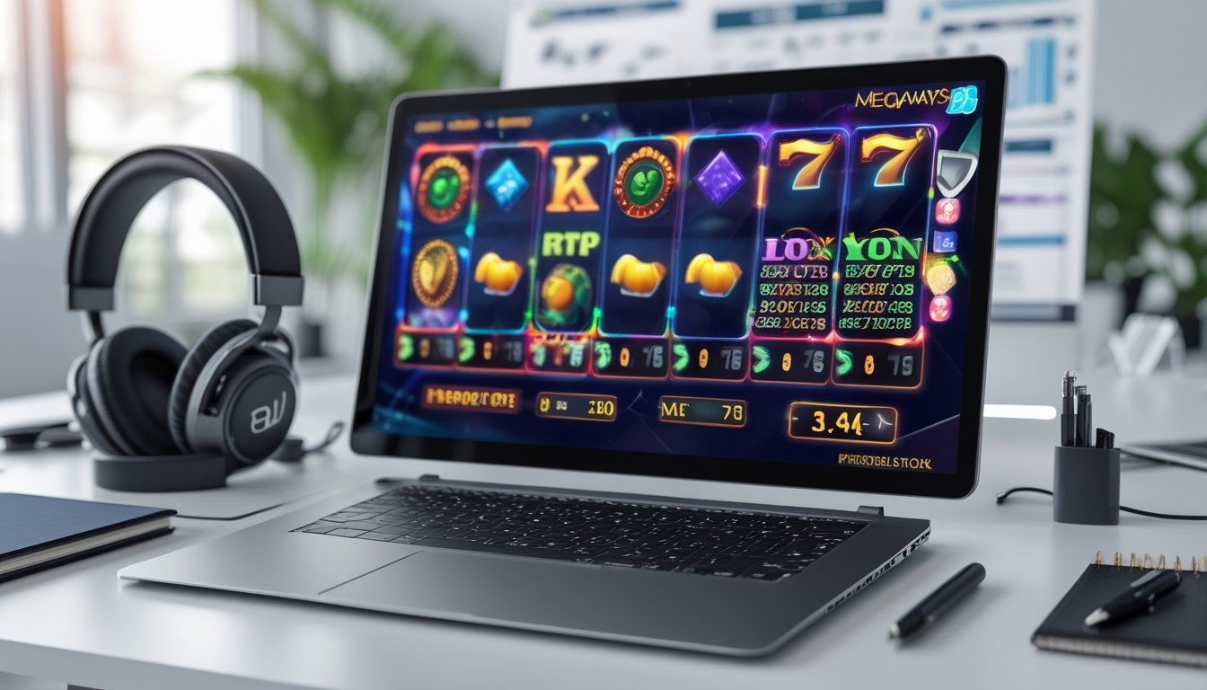 Meja kerja modern dengan komputer menampilkan permainan slot Megaways dan grafik statistik, dilengkapi aksesori gaming dan alat tulis.