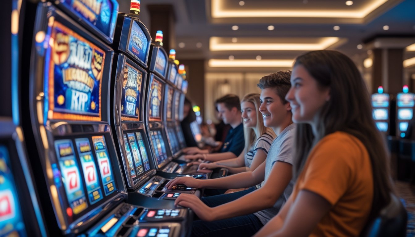 Sejumlah mesin slot berwarna-warni di kasino dengan beberapa pemain muda yang sedang bermain dan terlihat antusias.