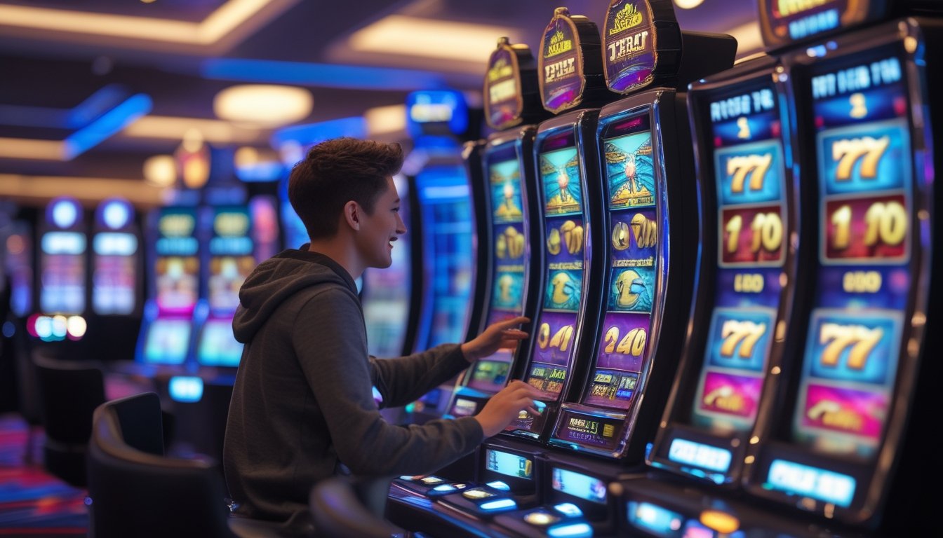 Seorang pemain muda sedang bermain mesin slot Megaways di kasino modern dengan mesin slot berwarna-warni di sekitarnya.