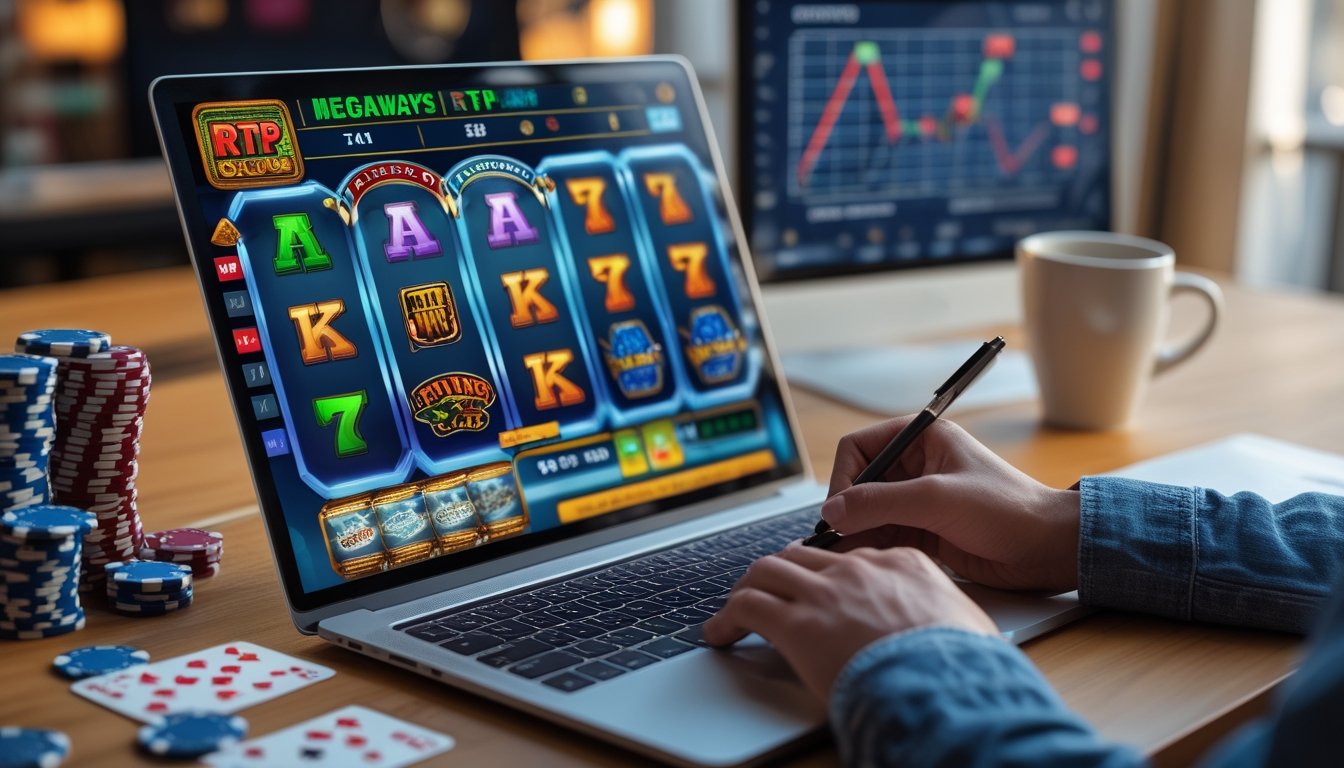 Seorang pria sedang menganalisis data permainan slot Megaways di depan laptop di atas meja kerja dengan chip kasino dan kartu remi di sekitarnya.