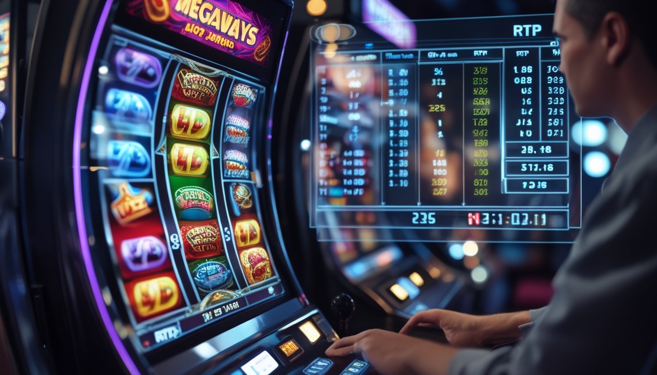Seorang pemain di kasino sedang menganalisis data RTP pada mesin slot Megaways dengan layar berwarna-warni di latar depan.