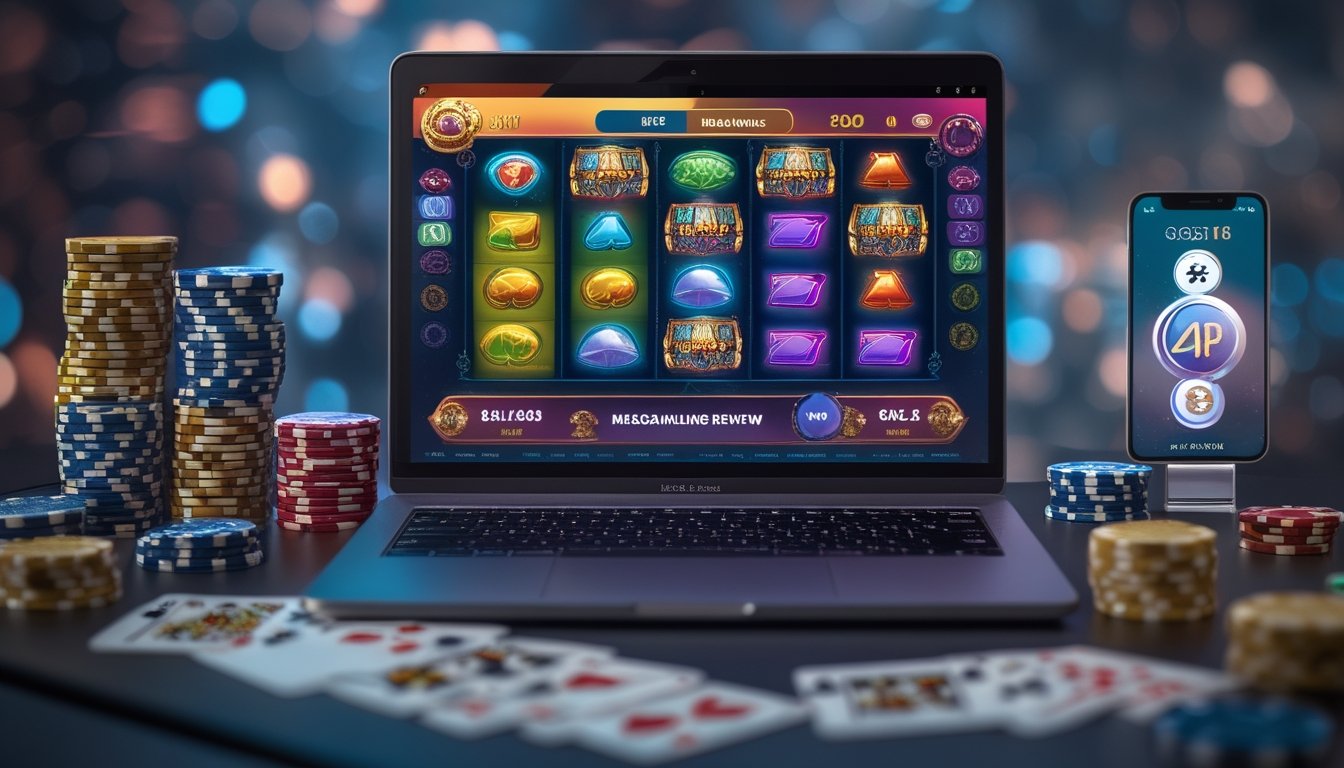 Sebuah laptop menampilkan permainan slot Megaways dengan chip kasino dan kartu bermain di sekitarnya.