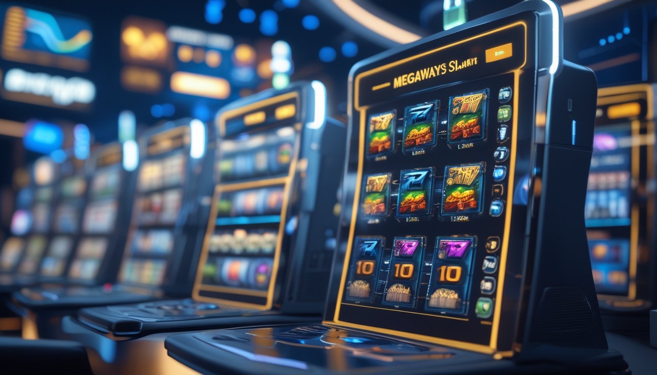 Tampilan layar komputer dengan mesin slot Megaways berwarna-warni dan grafik data statistik di latar belakang.