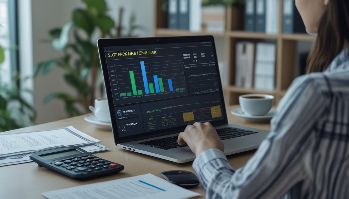 Seorang pria fokus menganalisis data slot mesin di laptop di ruang kantor yang terang dengan dokumen dan kalkulator di meja.