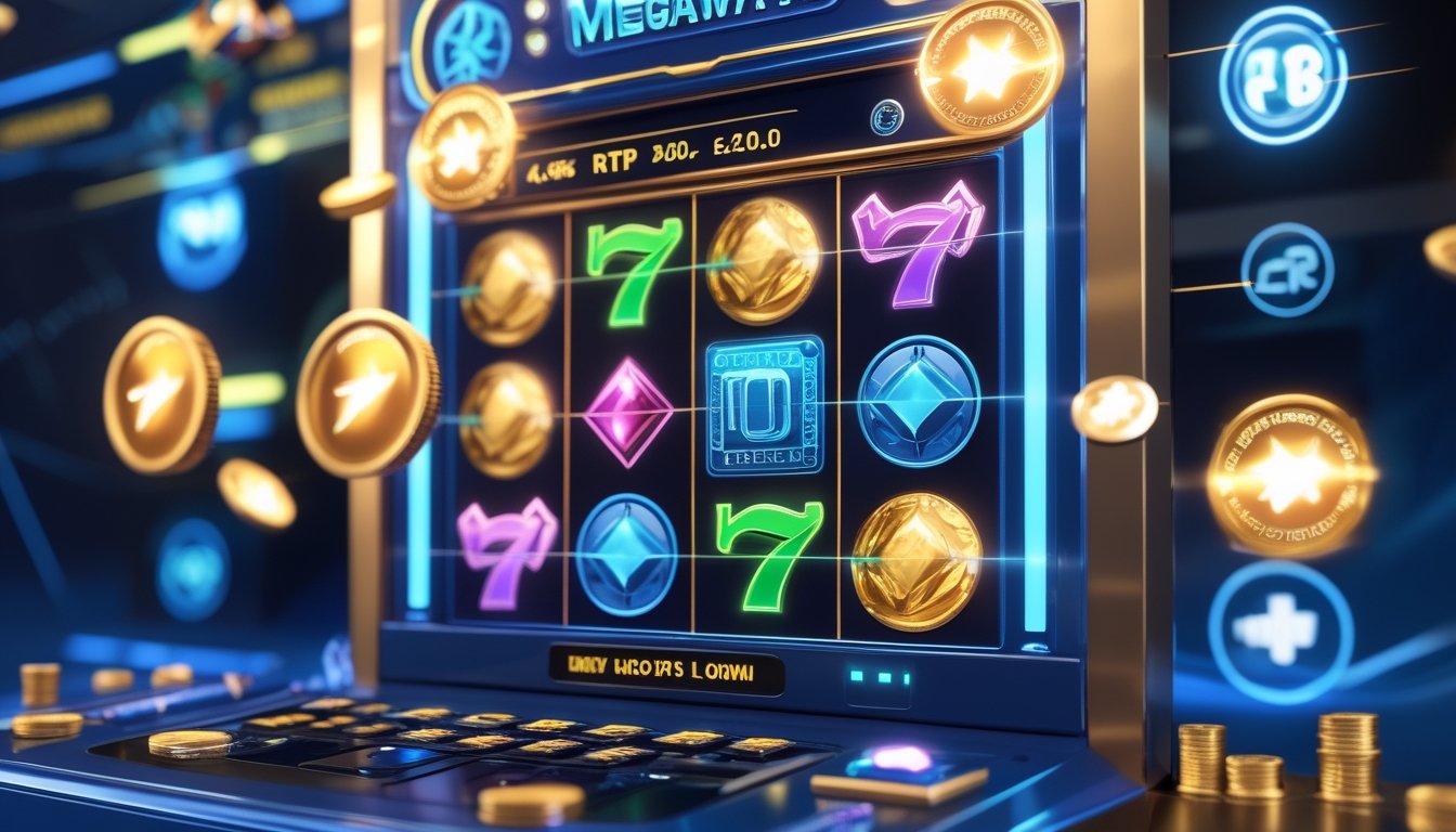 Antarmuka permainan slot Megaways online yang menampilkan mesin slot digital dengan simbol berwarna cerah dan elemen bonus seperti koin dan jackpot di latar belakang gelap.