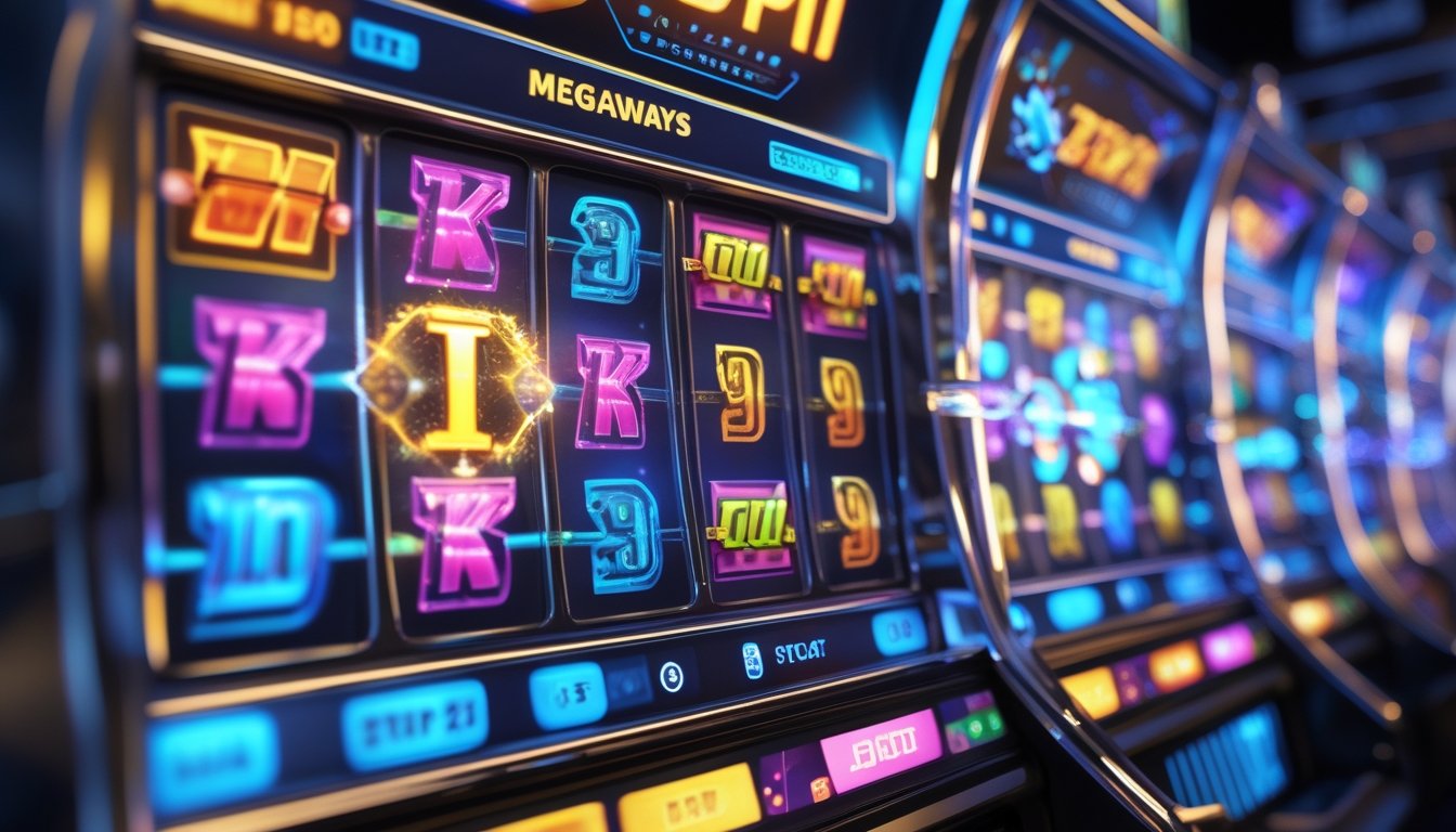 Mesin slot Megaways berwarna-warni dengan simbol dan ikon bonus yang menyala, menunjukkan suasana kasino yang menarik dan modern.