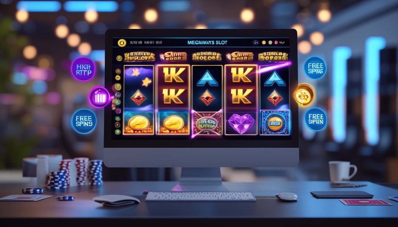 Tampilan komputer dengan antarmuka permainan slot online berwarna cerah di atas meja bersih dengan dekorasi kasino di latar belakang.