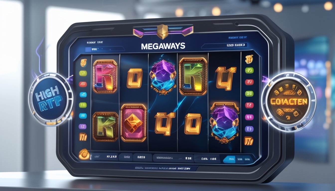 Layar mesin slot digital dengan banyak gulungan berwarna-warni dan garis kemenangan yang dinamis, menunjukkan fitur Megaways dalam permainan slot online.
