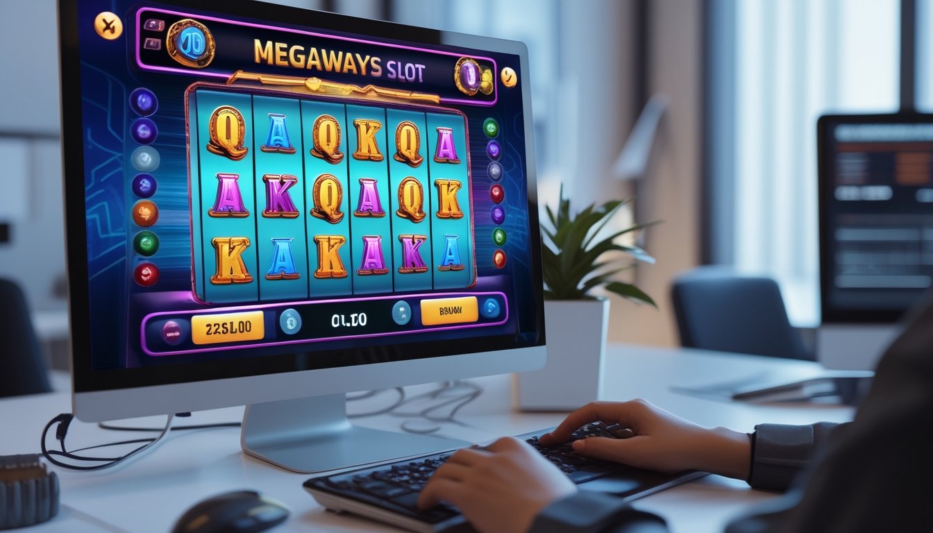 Meja kerja modern dengan komputer yang menampilkan permainan slot Megaways, tangan seseorang sedang menggunakan mouse dan keyboard.