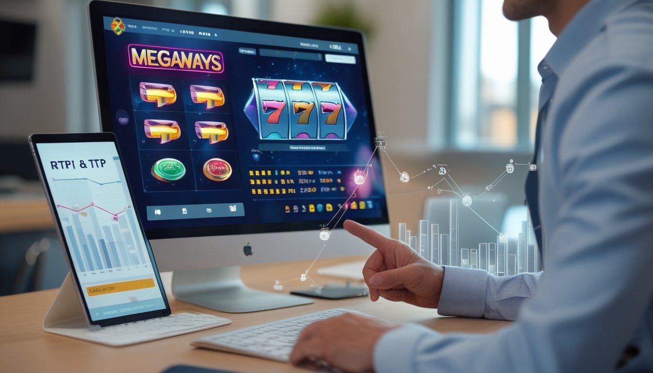 Seseorang sedang menganalisis permainan slot Megaways di komputer dengan grafik RTP transparan di kantor modern.