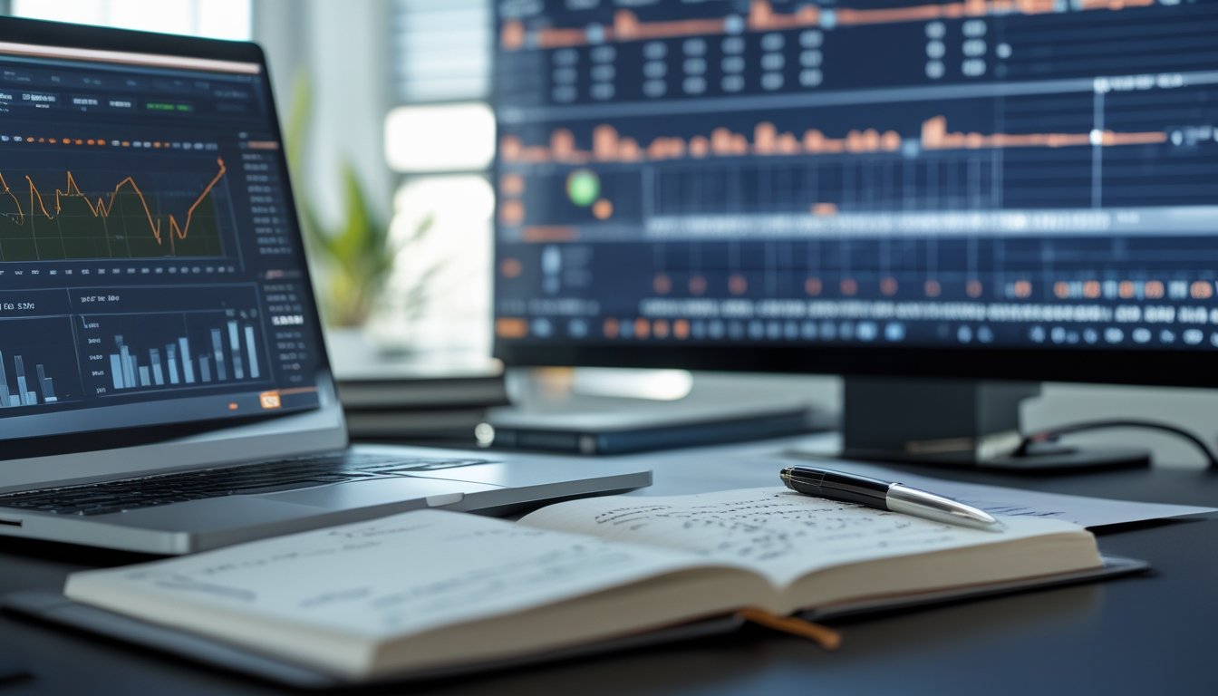 Meja kerja dengan laptop, catatan, dan layar besar yang menampilkan data angka dan grafik untuk analisis prediksi.